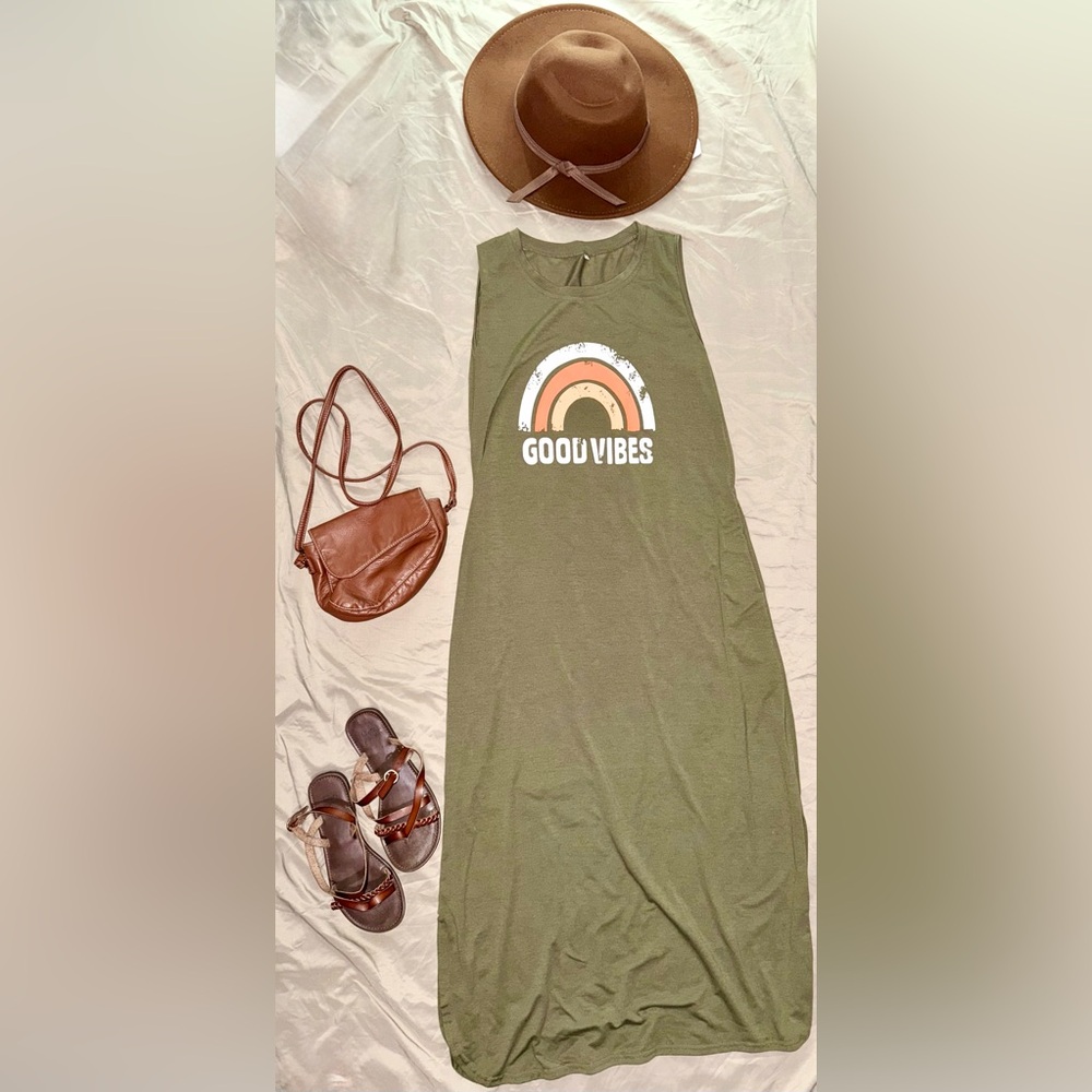Olive Green 'Good Vibes' Tank Dress